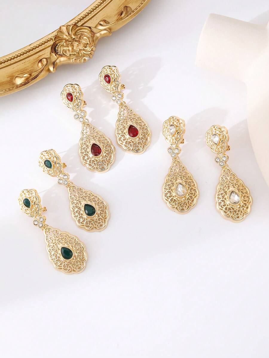 1 Pair Algerian Women's Gold-Plated Earrings, Inlaid With Colorful Rhinestones, French Retro Style, Delicate And Exquisite, Bridal Wedding Party Jewelry, Women's Holiday Gift Valentine's Day Accessories - D-eR0070 - View 1