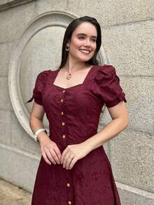 Women's Midi Dress, Casual, Elegant, Cotton, Daily - 酒紅色 - 查看 6