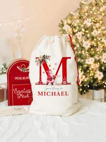 1 buc. Sac de Crăciun cu inițiale de Moș Crăciun, Pungă de cadou de Crăciun personalizată, Pungă mare de cadou de Crăciun din pânză cu șnur, Pungă cu șnur cu monograma, Sac de Crăciun cu inițiale de Moș Crăciun cu monogramă personalizată, Pungă de cadou de Crăciun mare reutilizabilă din pânză cu Moș Crăciun, cadouri pentru petreceri de Crăciun de Anul Nou, pentru depozitarea pachetelor de Crăciun