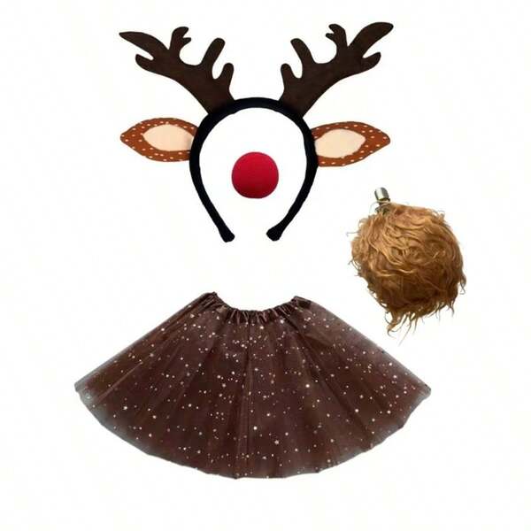 Set de 4 piezas: Diadema con cuernos de reno navideños, falda de tutú esponjosa, tocado de ciervo lindo, conjunto de fiesta navideña