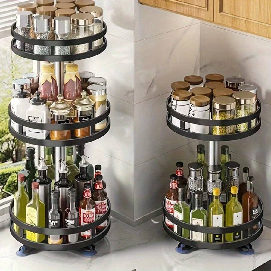 2 Tier/3 Tier - Metal Lazy Wheel With Adjustable Height For Cabinets, Tableware Room, And Kitchen Countertops, Multi Functional Rotating Seasoning Storage Rack, Circular Seasoning Rack, Kitchen Oil, Salt, Sauce, Vinegar Storage Rack