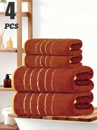 4-delars set [2 handdukar + 2 badlakan] Handdukset med korallfleece och guldkant, mjukt och bekvämt, absorberande och snabbtorkande, lämpligt för bad, ansiktstvätt, resor, dagligt bruk