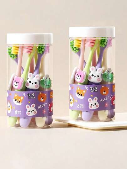 8 szczoteczek do zębów dla dzieci z motywem zwierząt, miękkie włosie chroniące dziąsła, odpowiednie dla niemowląt i małych dzieci, wymienne ozdoby w kształcie głów zwierząt