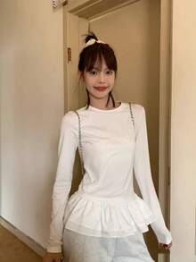 芭蕾舞风格荷叶边黑色长袖T恤，女士新款修身打底衫上衣休闲白色 - 白色 - 查看 2