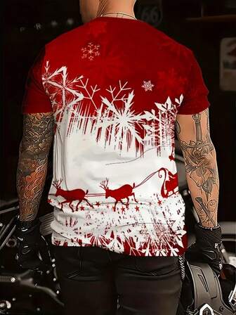 Camiseta de manga corta casual y de moda para hombre con estampado digital 3D de renos navideños