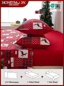 Juego de sábanas de 3/4 piezas con estampado de renos y calcetines navideños a cuadros, con una sensación suave como una nube, resistente a las arrugas y al encogimiento, que incluye 1 sábana plana + 1 sábana ajustable + 1/2 fundas de almohada, sábana de bolsillo profundo, para camas de todos los tamaños, certificado Oeko-Tex