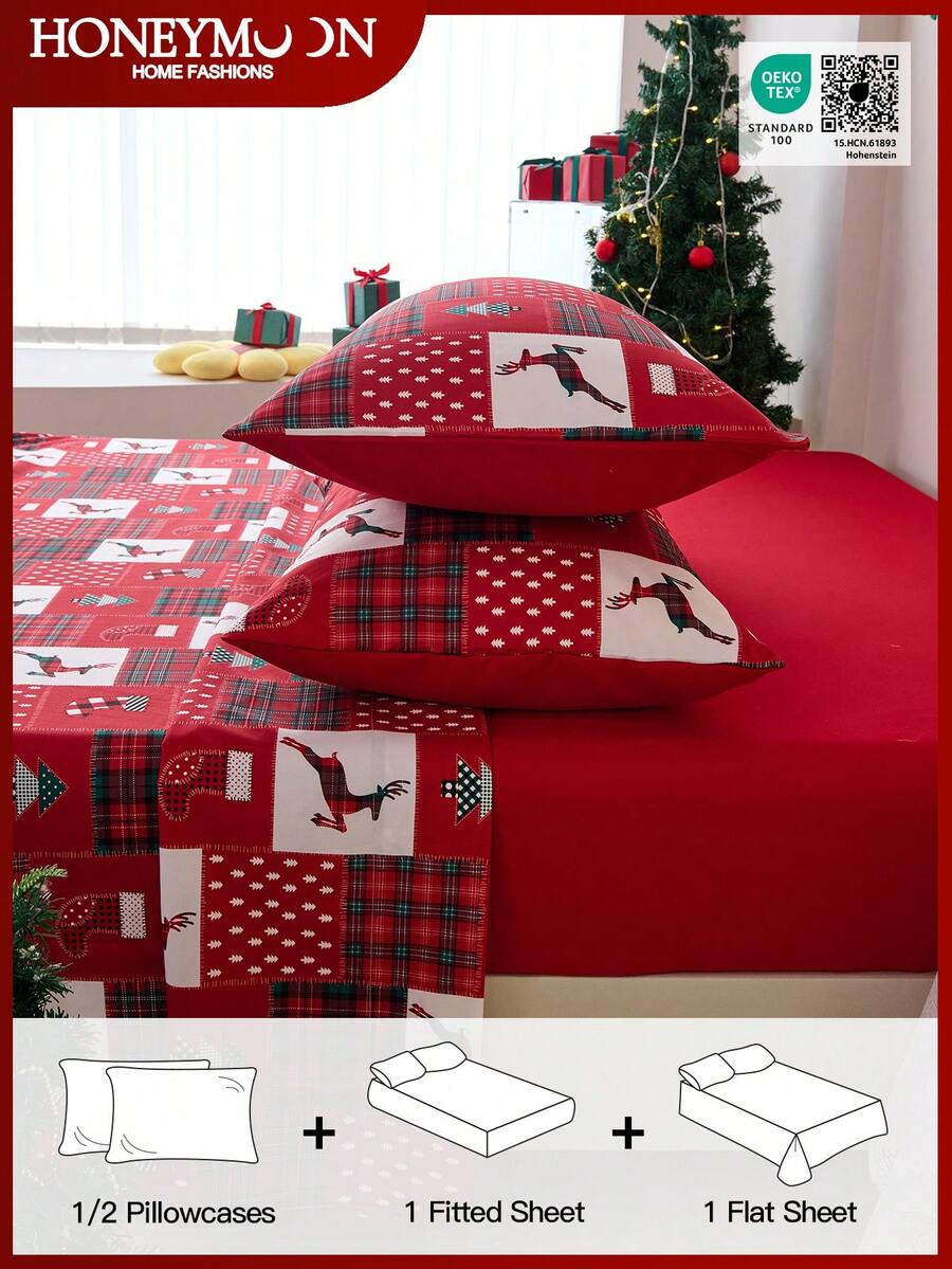 Juego de sábanas de 3/4 piezas con estampado de renos y calcetines navideños a cuadros, con una sensación suave como una nube, resistente a las arrugas y al encogimiento, que incluye 1 sábana plana + 1 sábana ajustable + 1/2 fundas de almohada, sábana de bolsillo profundo, para camas de todos los tamaños, certificado Oeko-Tex