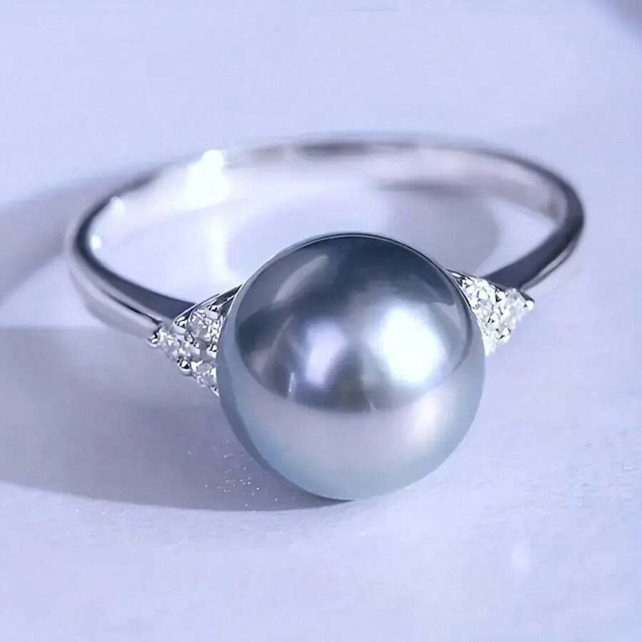 Bague de luxe en faux perle de coquillage avec strass, bague de fiançailles élégante, accessoire de bague de mariage charmant, nouveau style coréen - Gris - Voir 1