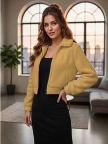 Chamarra de Peluche Tipo Crop Top con Cierre para Mujer - Beis - Ver 3