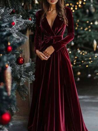 Ladies' Winter Solid Color Christmas Elegant Retro Party Front Strap Bow Velvet Elegant Dress Autumn/Winter Women's Wear Festival Wedding Evening Date Birthday Party Date Garden Formal Banquet Photo Christmas Ladies' Long Dress