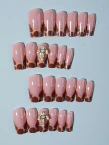 Eleva tu estilo con, Juego de 24 uñas postizas acrílicas cuadradas largas con estampado de leopardo y decoración 3D de cruz en marrón, con pegamento de gelatina y lima de uñas incluidos. Uñas francesas perfectas para uso diario, trabajo, fiestas y eventos para mujer y niña.