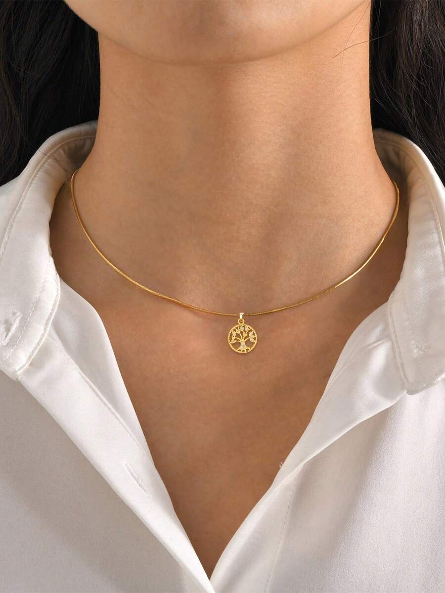 Nooxian 1 buah Kalung Stainless Steel dengan Liontin Pohon Kehidupan Bertatahkan Zirkonia, Gaya Berlapis Minimalis, Serbaguna untuk Pemakaian Sehari-hari & Hadiah, Perhiasan Emas - Yellow Gold - View 1