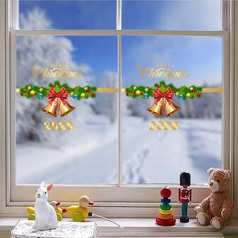 1件/2件装奢华金色丝带铃铛绿色松枝图案窗贴，2026圣诞快乐贴纸，DIY可移除静电吸附窗户玻璃门装饰，适用于家居、商店、橱窗冬季圣诞装饰墙贴房间装饰墙贴卧室装饰厨房装饰家居装饰