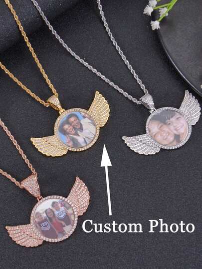 Personalized Angel Wings Photo Pendant, Customized Zirconia Necklace, Customizable Color Photo Pendant Necklace, Fashionable Hip Hop Jewelry Necklace. Unique Photo Necklace, Gift For Family, Couple, Friends, Suitable For Christmas, Halloween Gift