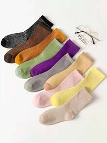 3 Pairs Women's Vintage Style Solid Color Lurex Comfortable Breathable Crew Socks