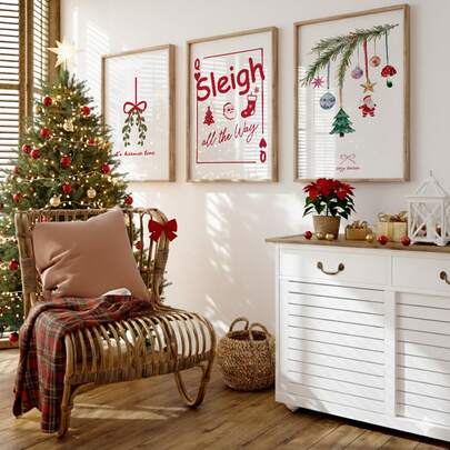1/3pcs Christmas Wall Art Picture Santa Claus Sleigh Bells Mistletoe Greenery/Tree Canvas Print Paintings|Funn Festive Holiday Christmas Decorations For Bedroom,Living Roombor Office Home Decor,Girly Cozy Season Print,Retro Whimsical Winter Poster,Christmas Gift For Her,Unframed