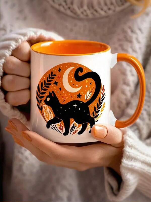 1pc 11oz Cat Coffee Mug,Spooky Orange Coffee Cup, Reusable Ceramic Cup For Halloween, Christmas, Coffee & Tea Lovers - Machine Washable Holiday Gift,Christmas,Coffee Bar Accessories,Christmas Decorations,Birthday Gift,Ideal For Hot & Cold Drinks, Room Decoration,Winter Drinkware, Family Keepsake,Valentines Day Gifts,Party,Wedding