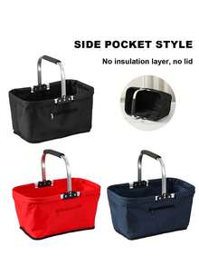 [Collapse Aluminum Frame Basket] 1Pack Collapsible Aluminum Frame Basket - Large Zipper Side Pocket Foldable Shopping Tote Bag - Multicolor - View 2