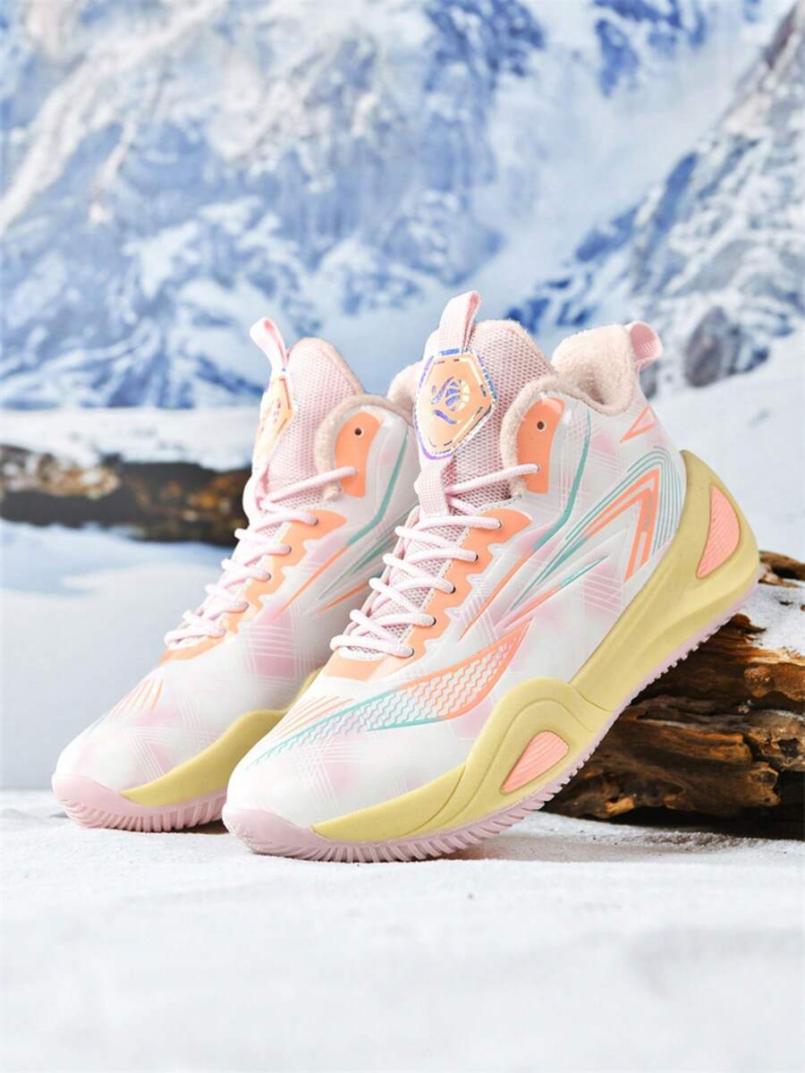 Men's Warm Plush Lining Sports Shoes, Women's Basketball Shoes, New Autumn PU Leather Waterproof Anti-Slip Shock Absorbing High-Top Lightweight Athletic Boots For Students - Pink - View 1