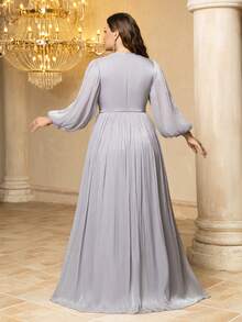 UNITHORSE Plus Size Women Round Neck Lantern Sleeve Rayon Handmade Beaded Embellished Fitted Maxi Evening Dress Wedding Spring Party - Mauve Purple - View 3