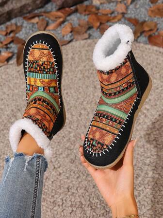 Botas cortas para mujer, con patrón geométrico retro, suela ligera, forro térmico cálido, adecuadas para el vestuario de baile de invierno