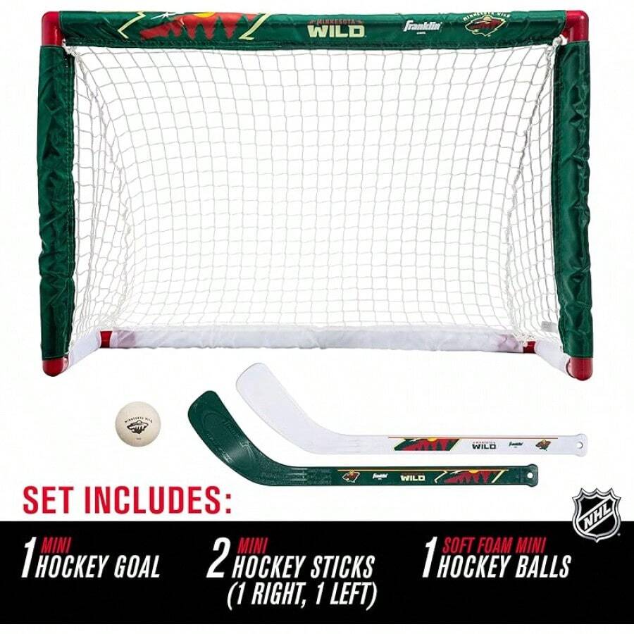 Conjuntos de Mini Hockey de la  de Franklin Sports - Conjunto de Combo de Portería de Hockey de Rodilla, Pelota y 2 Palos de Hockey - Red de Portería Mini - Conjuntos de Hockey Oficiales de la - Minnesota Wild - Ver 1