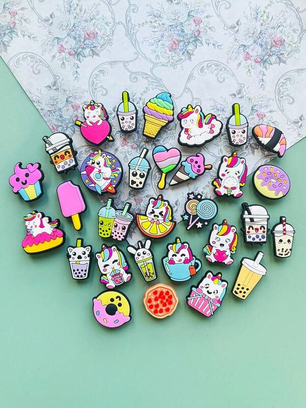 30 PEÇAS Coleção Incomum de Unicórnio e Chá com Leite - Decorações de Sapato de PVC Vibrantes, Perfeitas para Presentes de Halloween, Natal e Dia dos Namorados | Acessórios Coloridos DIY para Bolsas de Praia e Chaveiros