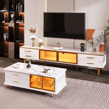 TV Schrank em Mamoroptik, Fernsehschrank com 4 Füßen, 4 Estruturas Schubladen com Goldenen Griffen und zwei Brown Türen aus Gehärtetem Glas, Modernes TV-Lowboard für Wohnzimmer, 170*37*47,5cm - Branco - Ver 3