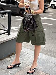 Y2K Cargo Jean Shorts Women Summer Camouflage Print Drawstring Low Rise Baggy Denim Shorts Casual Jorts Streetwear - 軍綠色 - 查看 3
