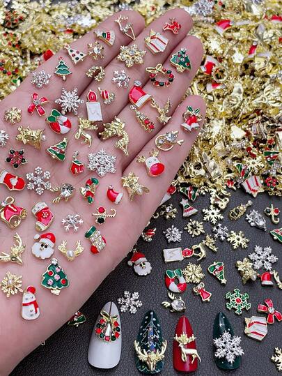 100 件 3D 金银雪人、麋鹿、圣诞树、雪花、权杖、圣诞老人美甲装饰合金圣诞美甲饰物 Y2K 圣诞袜鹿金属美甲配件闪亮白粉色绿红色水钻珍珠美甲宝石 DIY 礼物适合女孩亚克力压模指甲手机壳鞋子衣服包美甲用品