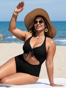 Swim Lushoire Plus Size Summer Beach Solid Color Bow Front Hollow Out One-Piece Swimsuit - Black - View 5