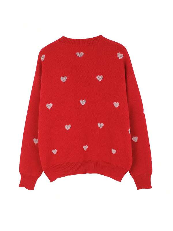 pull tricoté pour femmes, texture côtelée à manches longues, design en forme de cœur rouge, romantique, décontracté élégant pour les sorties, automne/hiver