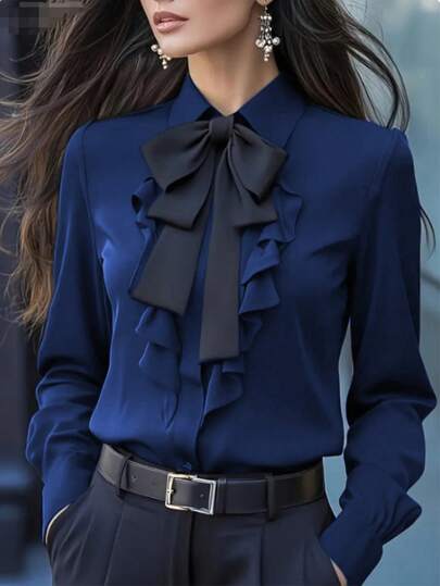 Camisa de mujer de manga larga con detalle de volantes y lazo - unicolor, manga larga, diseño con botones delanteros, adecuada para ir a trabajar y uso casual, camisa casual | Blusa elegante | Detalle de volantes y lazo