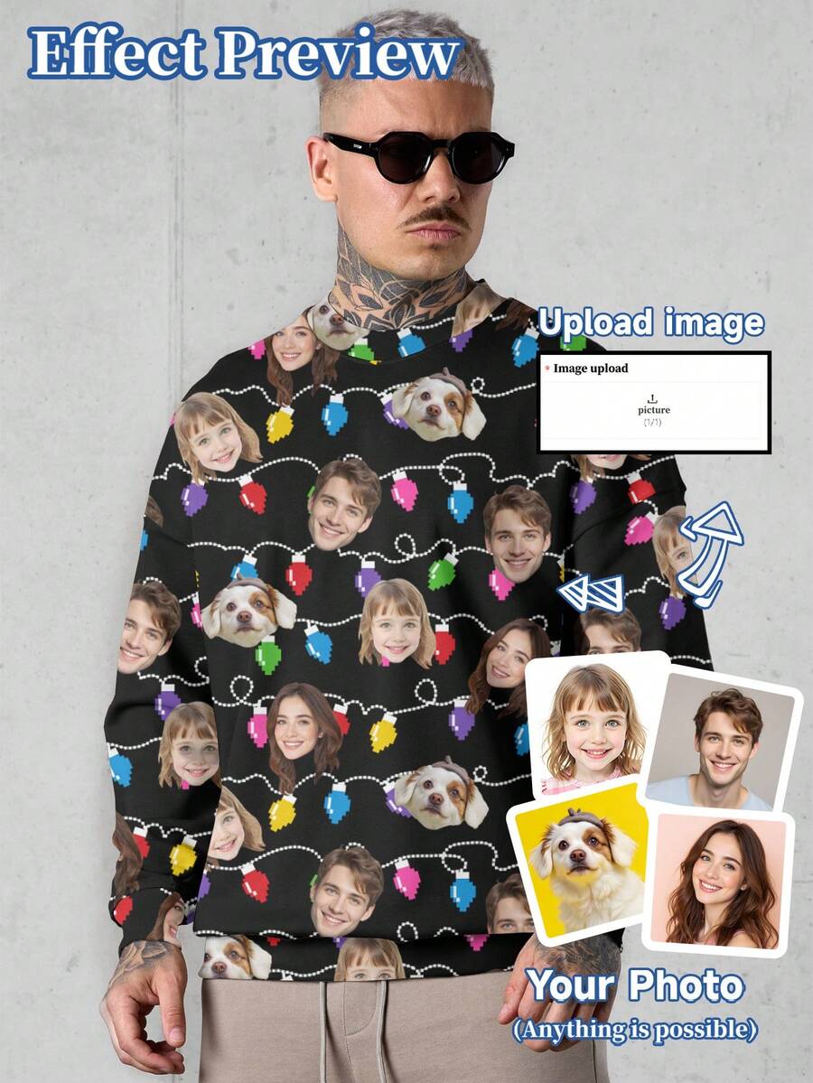 Felpa con cappuccio personalizzata con grafica per uomo, personalizzata con ritratto, animale domestico, cartone animato, disegni natalizi, felpa con stampa interessante per uomo e donna - nero - Visualizzare 1