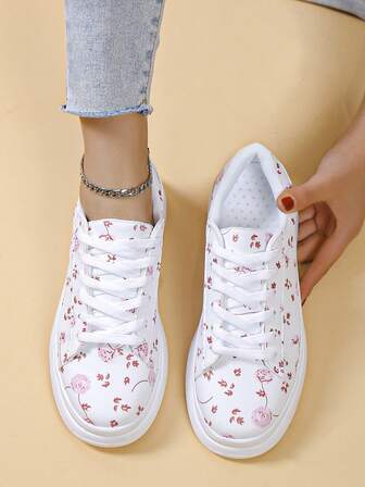 Women's Casual Lace-Up Platform Sneakers With Floral Decor, Versatile And Comfortable For Everyday Wear