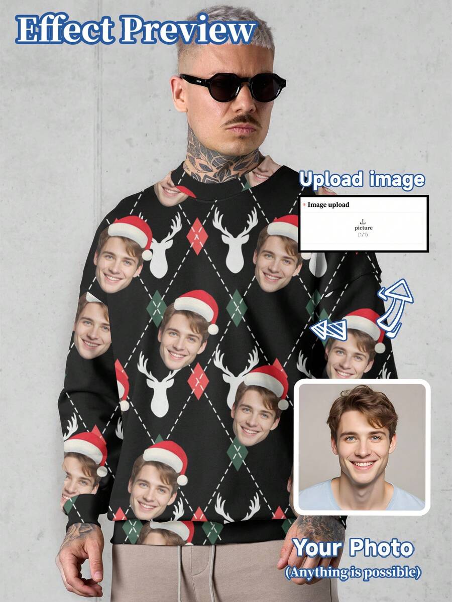 Customized Men's Sweatshirt, Can Customize Patterns, Portraits, Family Members, Pets, Cartoons, Holiday Themes, Christmas - Black - View 1