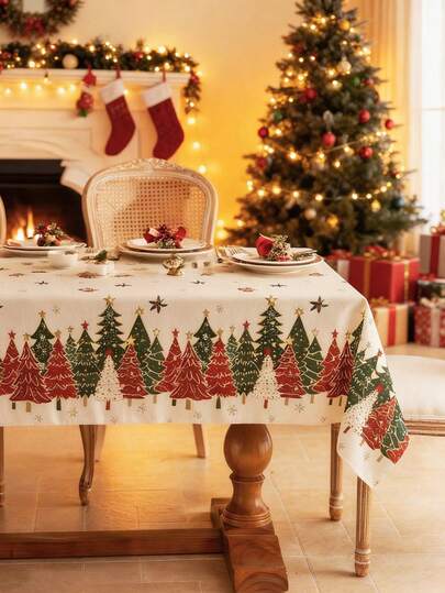 1 pieza Mantel de Navidad, Patrón de árbol de Navidad blanco, Lavable a máquina, Mantel rectangular para mesa de café, cubierta de gabinete, decoración del hogar, mantel para fiesta, apto para cocina, comedor, reunión, cena, fiesta de Navidad, decoración de Año Nuevo, decoración de Navidad, regalo, decoración de otoño, Feliz Navidad