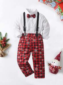 BOARNSEORL Conjunto de 3 peças para bebê menino estilo cavalheiro - Camisa branca com laço, calça xadrez vermelha com estampa de flocos de neve e suspensórios, e chapéu. Elegante e versátil para uso diário, Natal, casamentos, aniversários e festas. - Vermelho - Ver 7