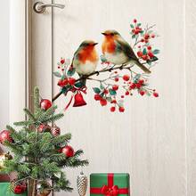 Weihnachts-Spatz-Fenster-Statik-Aufkleber - Abnehmbare, nicht-klebende PVC-Aufkleber mit rotem Vogel und Stechpalmen-, Beerenzweig-Mustern, festliche Fensteraufkleber für Zuhause & Büro, Festivalparty-Dekoration, wiederverwendbare Weihnachtsdekoration, Weihnachtsgeschenke