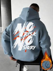 K-GLORY 男士“No Risk No Story”标语印花抓绒连帽衫，美式街头风格，秋冬款 - 淺藍色 - 查看 4