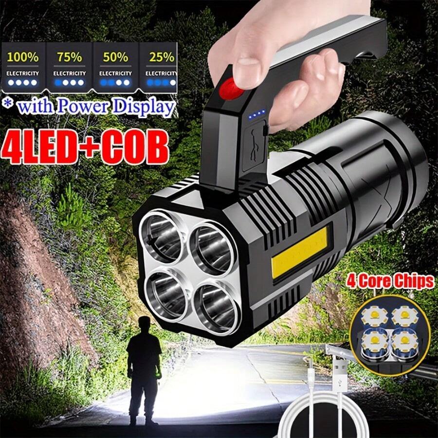 Handheld Strong Light Flashlight USB Rechargeable LED Flashlights With Two Types Of Light, Super Bright Long Range Flashlight With 4 Modes, Large Searchlight For Fishing, Hiking And Camping - Black - View 1