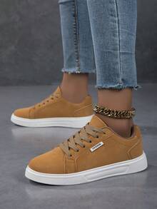 女士休闲运动鞋，时尚小白鞋，街头风格滑板鞋，轻便 - 棕色 - 查看 3