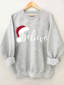 Sudadera "Believe" con gorro navideño estampado – moderna, elegante y acogedora para mujer - Gris - Ver 4