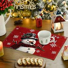 (¡¡¡Caliente!!!) 1/4/6 piezas Manteles individuales de lino rojo con escena navideña, decoración de mesa de cocina familiar de estilo rústico para Navidad y vacaciones de invierno.