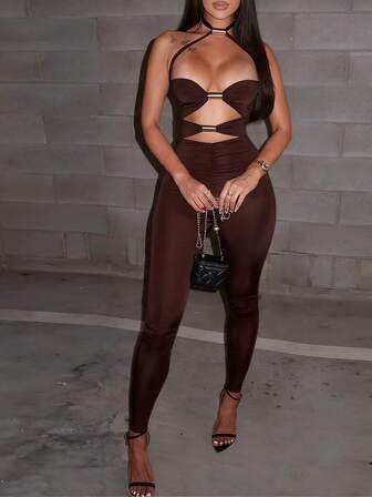 女士性感大胆前卫派对紧身镂空金属环提拉紧身连体裤