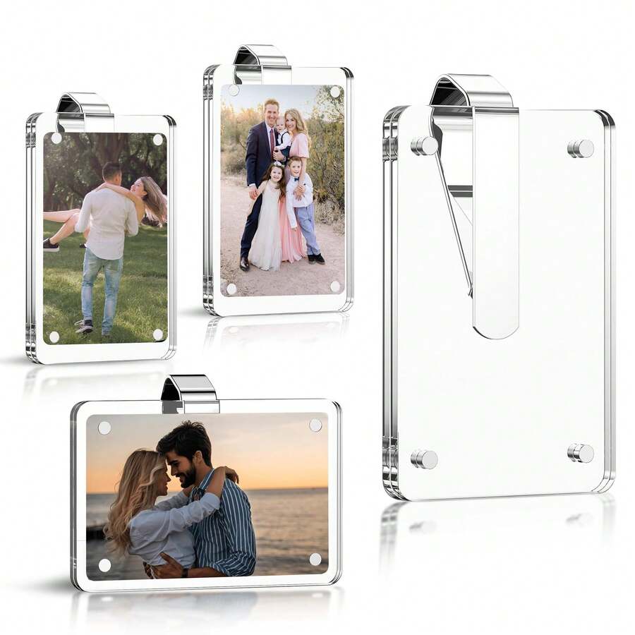 4Pcs Car Photo Holder, Acrylic Personalized Car Picture Holder, Car Visor Clip, Universal Photo Frame For Car, Customizable Car Visor Photo Clip For Family & Personal Photos - 白色 - 查看 1