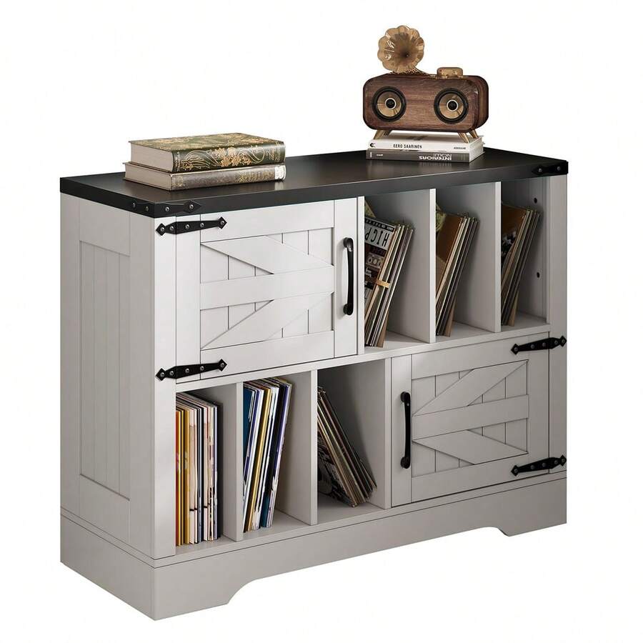39inch Vinyl Record Storage, Farmhouse Wood Turntable Record Player Stand With Storage Cabinet And 2 Barn Doors For Living Room Bedroom - 白色 - 查看 1