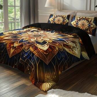 3pcs Mandala Floral Pattern Bedding Set, Includes 1 Duvet Cover And 2 Pillow Shams (Comforter Not Included), Suitable For Bedroom And Guest Room, Available In Multiple Sizes, 100% Polyester Fabric, Machine Washable