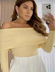 Long Sleeve Blouse With Ribbed Shoulder To Shoulder, Autumn Winter Fashion - 黃色 - 查看 2