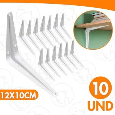 Kit 10 Mão Francesa Reforçada Cantoneira Metálica Branca 4x5'' 10x12CM Suporta 8KGS Bestfer